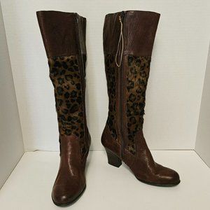 Born Brown Boots Knee High Zip Leopard Print Pony Hair Women Size 9 1/2
